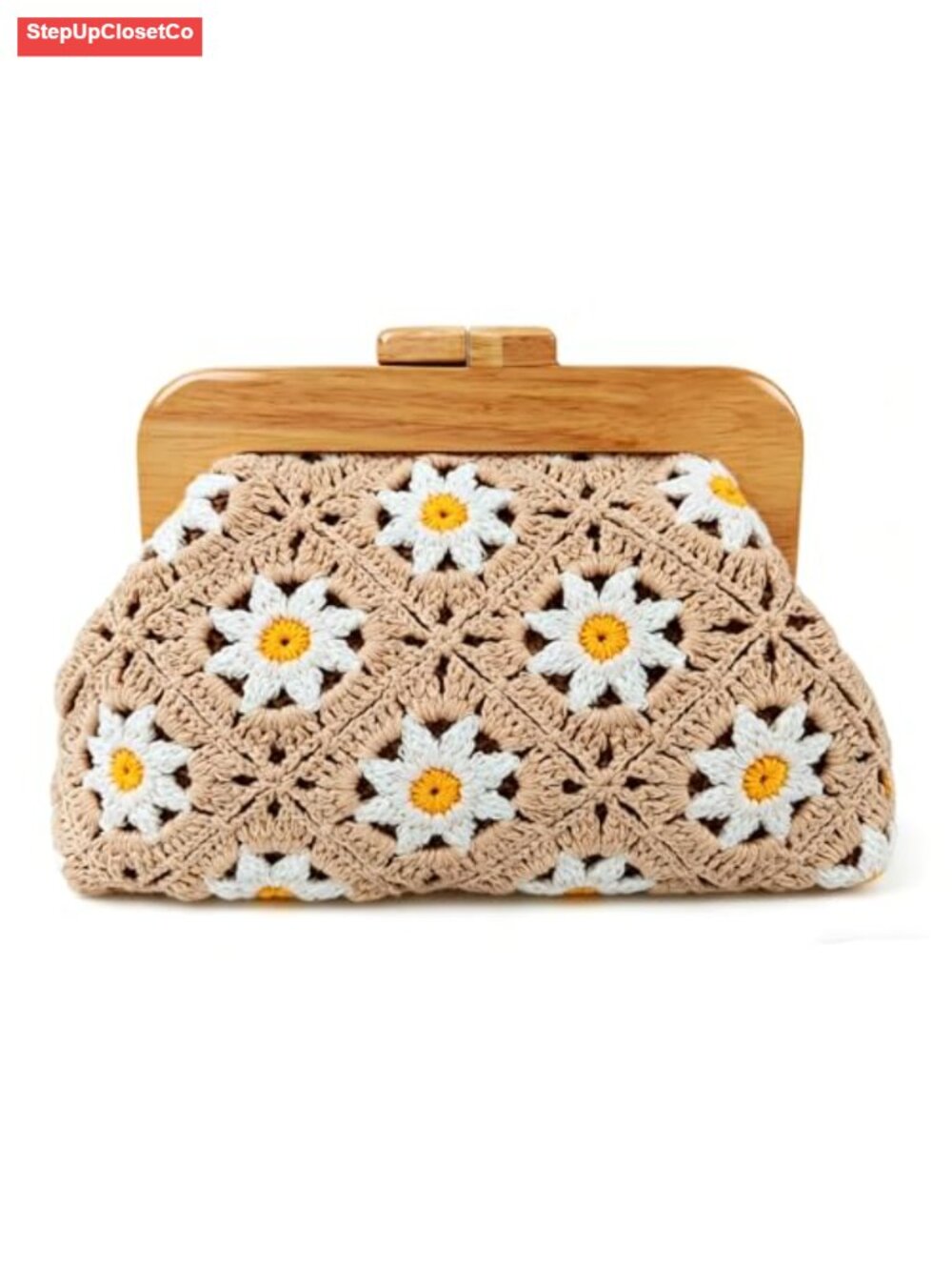 Handmade Crochet Cotton Clutch Purse with Wooden Frame, Retro Floral Knit Kiss
